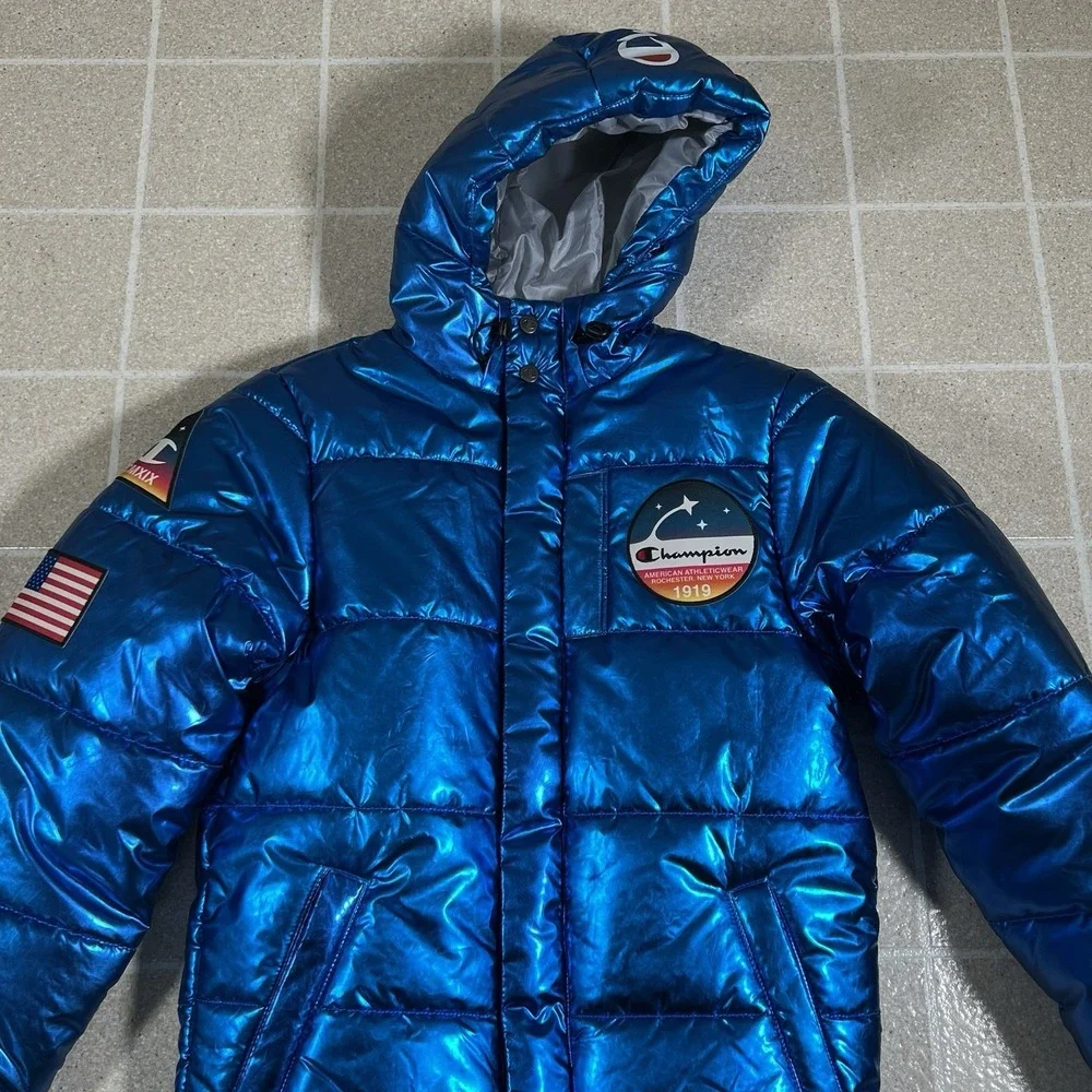 RARE Champion x NASA Metallic Puffer Jacket Mens Size Xs Blue Quilted Space